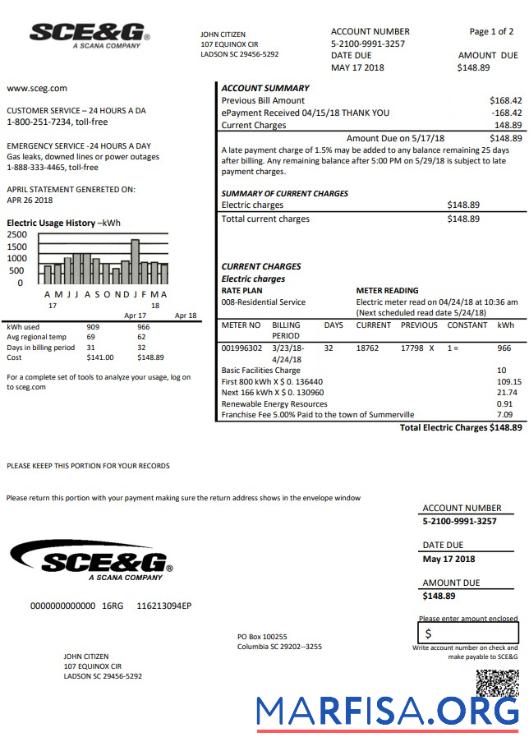 Downloadable USA South Carolina SCE&G electricity utility bill template in Word and PDF format